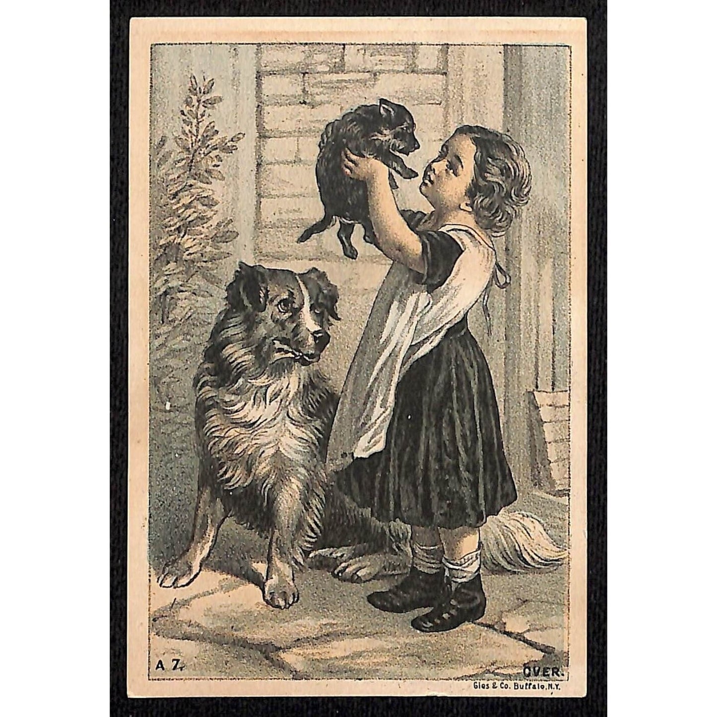 Girl Outdoors with Dog Holding Puppy Blank Victorian Trade Card