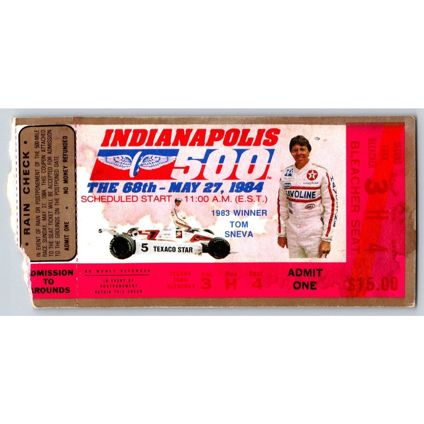 1984 Indianapolis 500 Ticket Stub Racing IMS Tom Sneva - seat 4