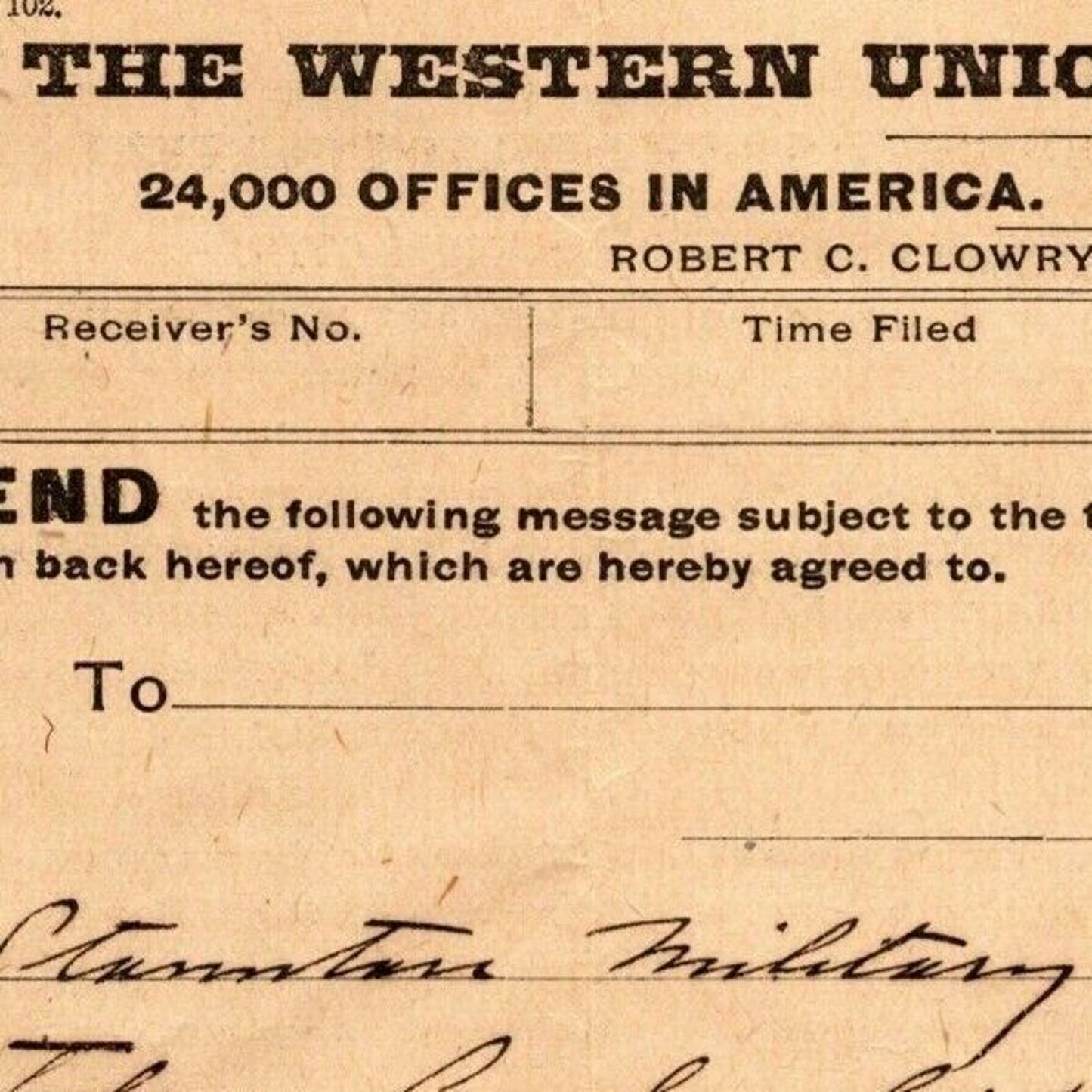 190? Western Union Telegraph re: Staunton Military Academy Virginia