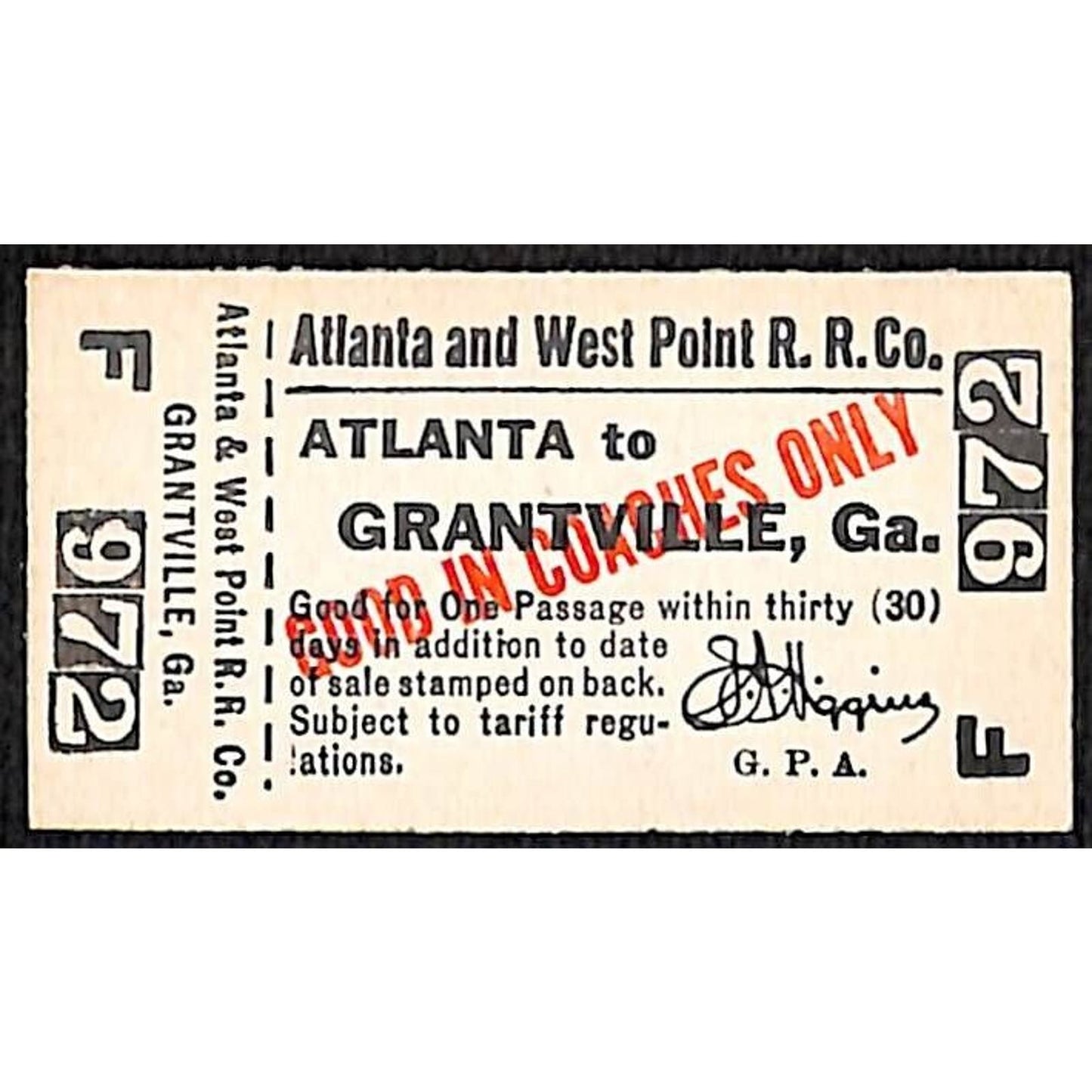 Atlanta and West Point Railroad Ticket #972 Grantville, GA Unused "VOID"