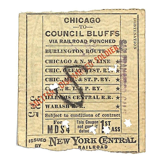 New York Central Railroad Ticket 1919 WWI "Military Discharge" Chicago to SF, CA