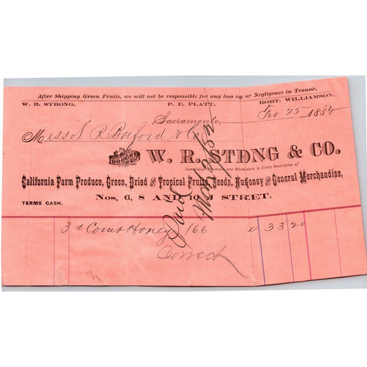 1882 W.R. Strong & Co. Farm Produce Sacramento Letterhead S.R. Buford Montana