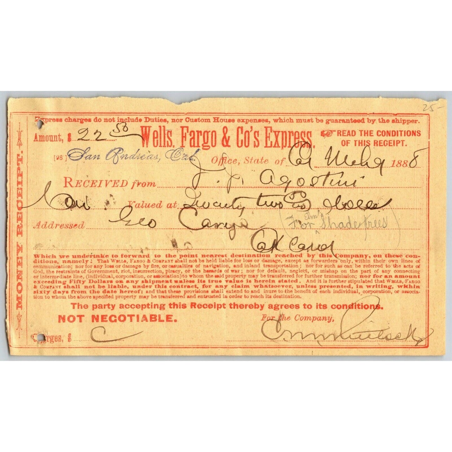 1908 Wells Fargo & Co Express - Grass Valley, CA - $74.41 Money Receipt