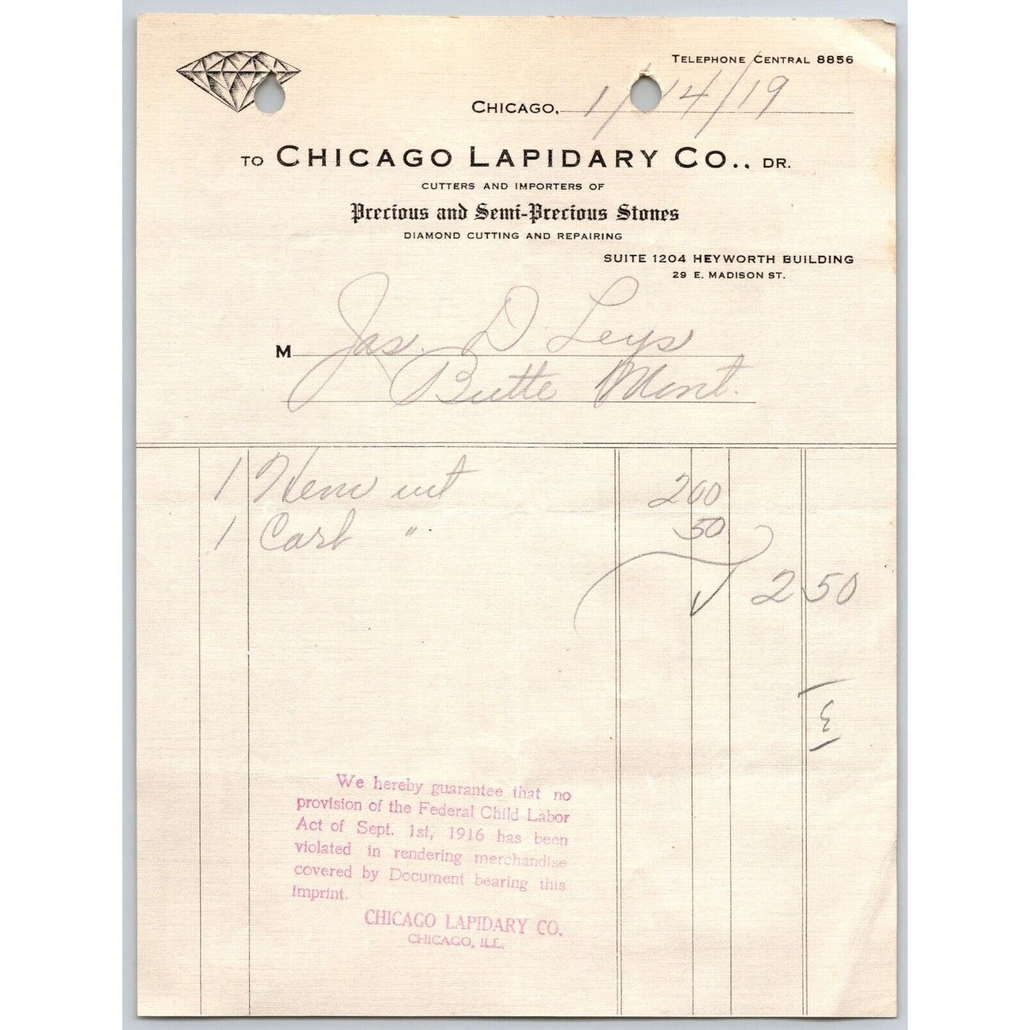 Chicago Lapidary Co. Diamond Cutting "Leys" Butte, MT 1919 $2.50 Billhead