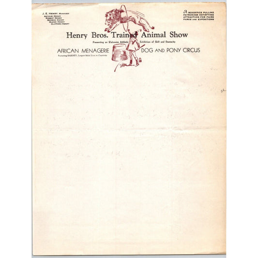 Henry Bros. Trained Animal Show Circus Letterhead c1939 Ringmaster Very Scarce