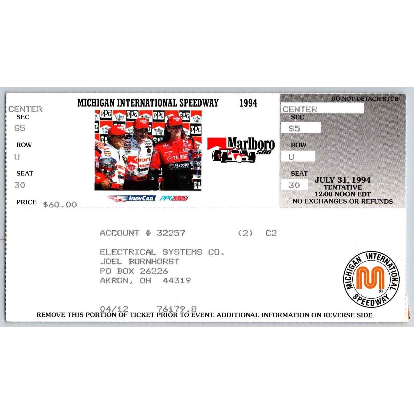 1994 Michigan International Speedway Indy Car Racing Ticket 7/31 seat 30