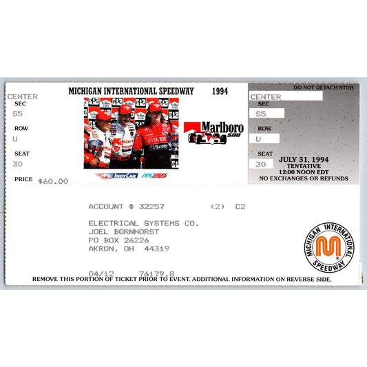 1994 Michigan International Speedway Indy Car Racing Ticket 7/31 seat 30