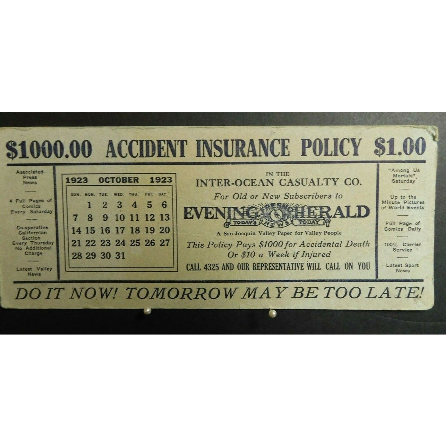 1923 Ink Blotter Advertising - Accident Insurance $1.00 Fresno CA