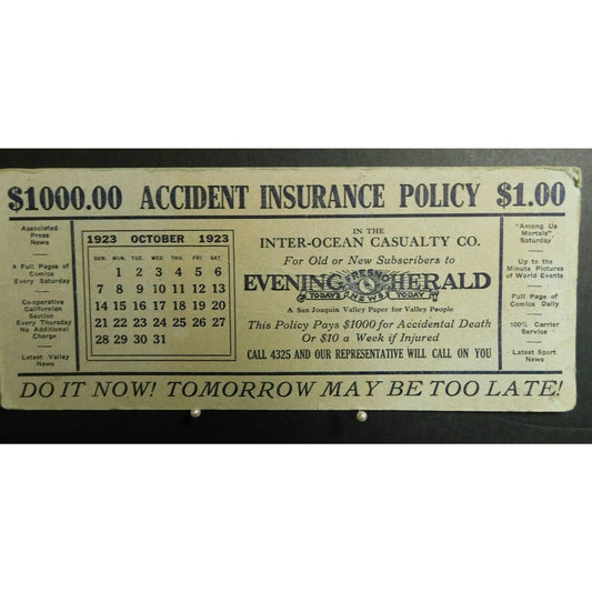 1923 Ink Blotter Advertising - Accident Insurance $1.00 Fresno CA