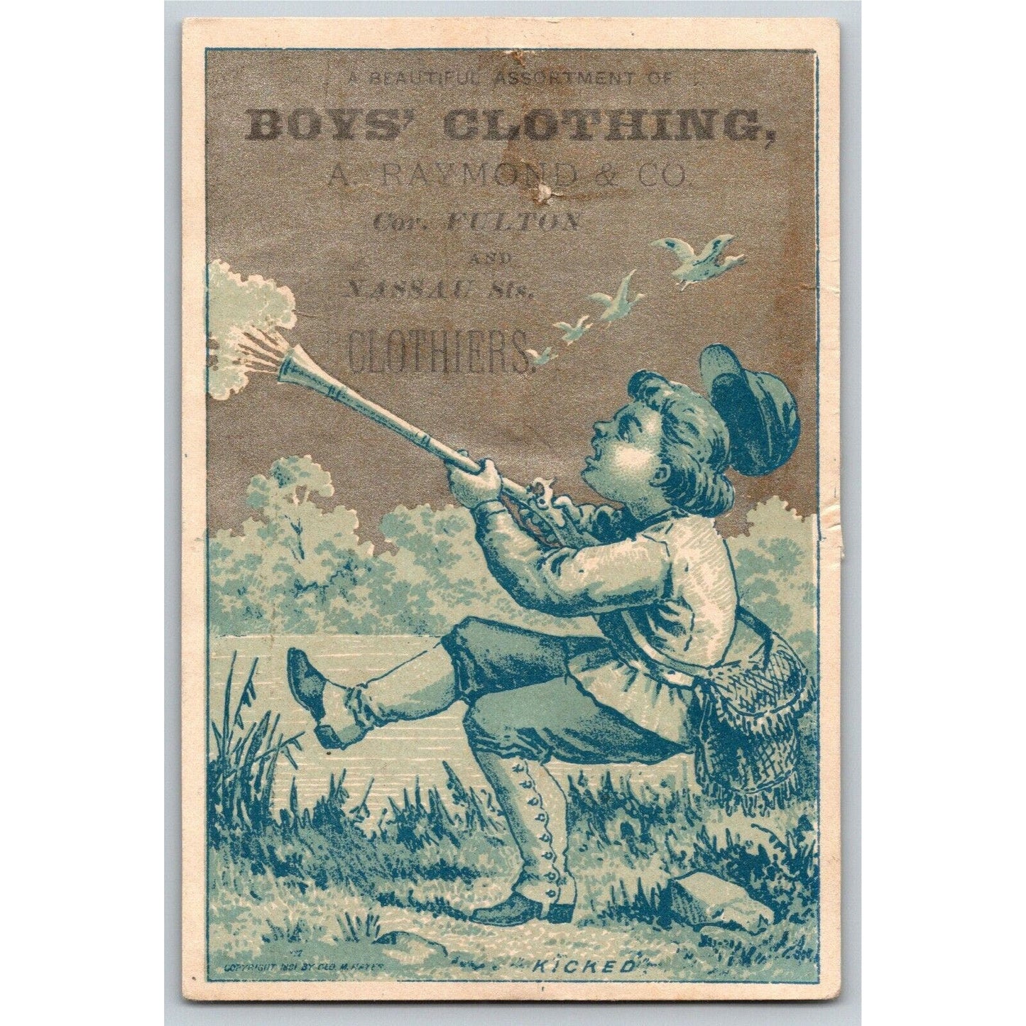 A. Raymond & Co. Clothiers Boys' Clothing Shooting Rifle Victorian Trade Card