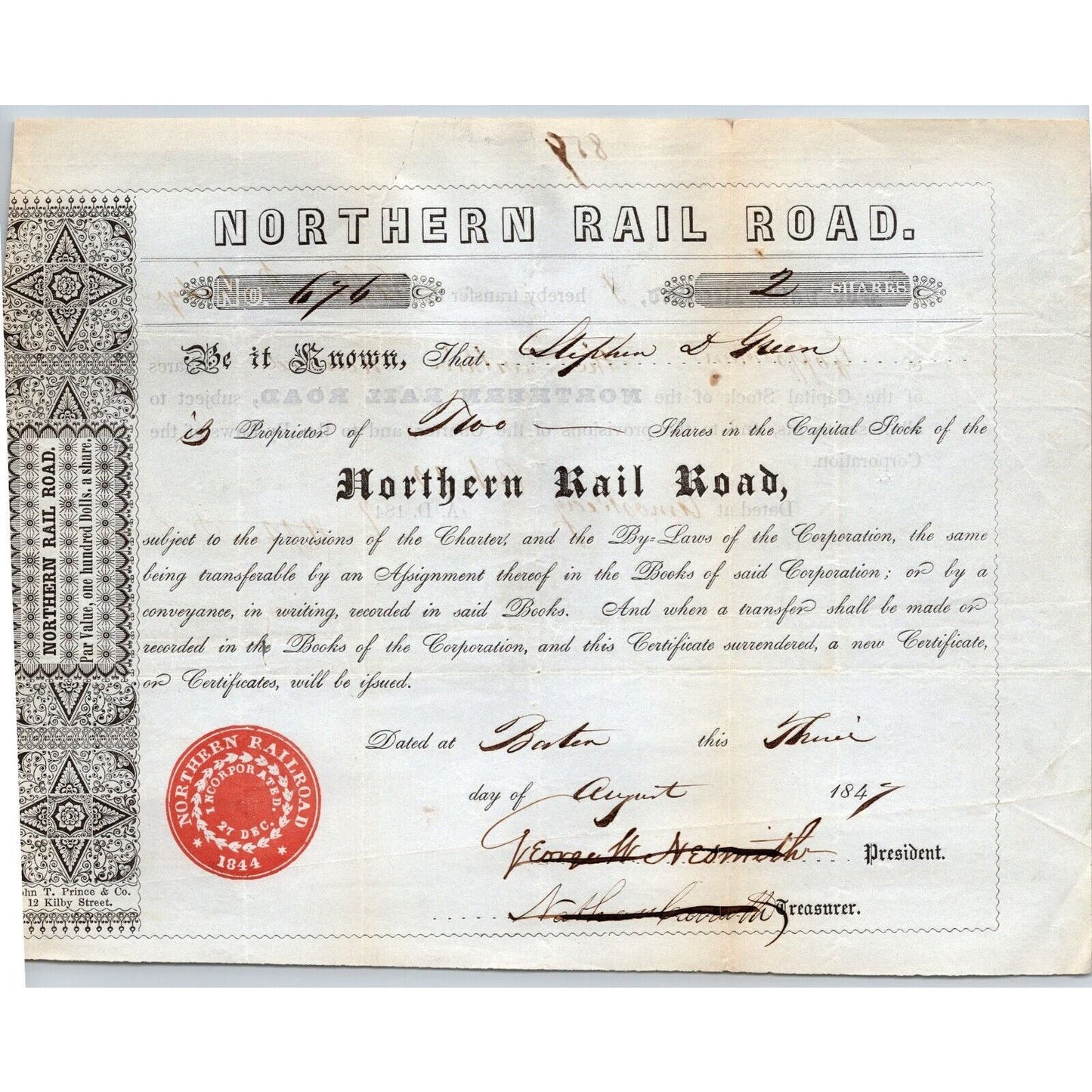 1847 Boston, MA Northern Railroad Stock Certificate No. 676 for 2 Shares