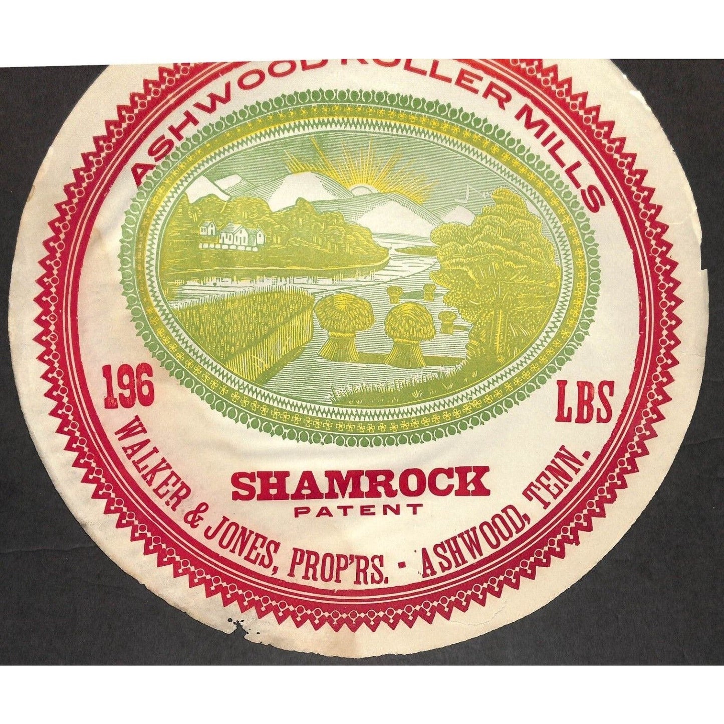 Ashwood Roller Mills Shamrock Walker Jones Flour Barrel Label 16" dia. Scarce