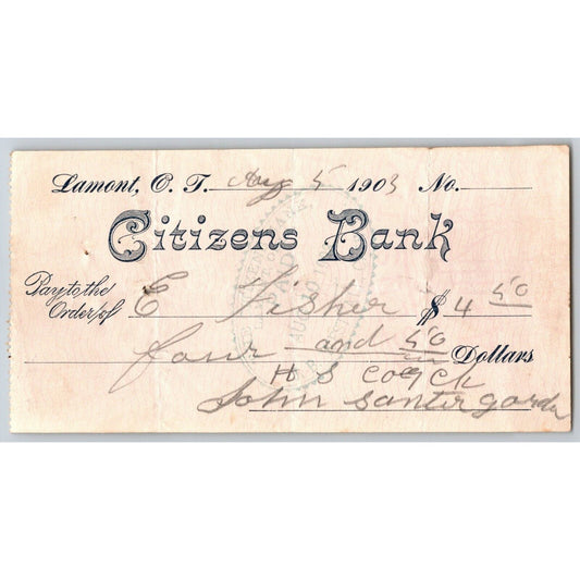 Lamont, Oklahoma 1903 Territorial "Citizens Bank" Check - Scarce