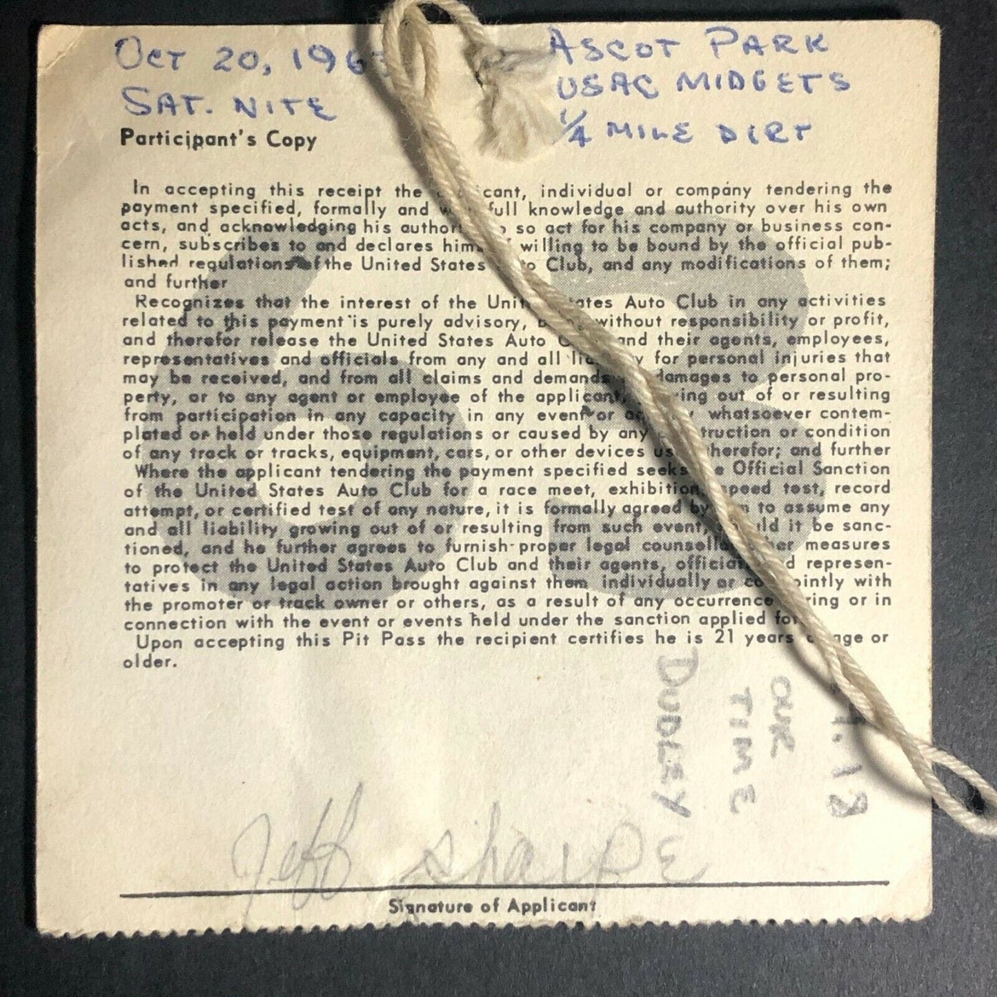 Vintage USAC Midget Ascot Park Pit Pass Oct 20 1963 Jeff Sharpe Driver