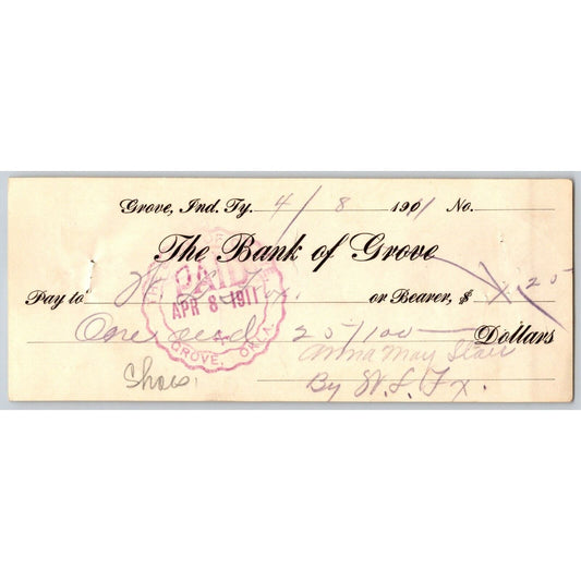Grove, Oklahoma 1911 "The Bank of Grove" Indian Territory* Check Scarce