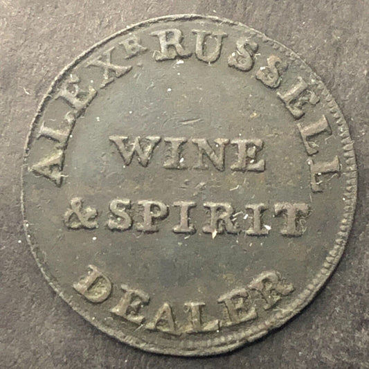 India Tea Warehouse Russell Wine & Spirit Dealer Trade Token 22mm Early 1800's