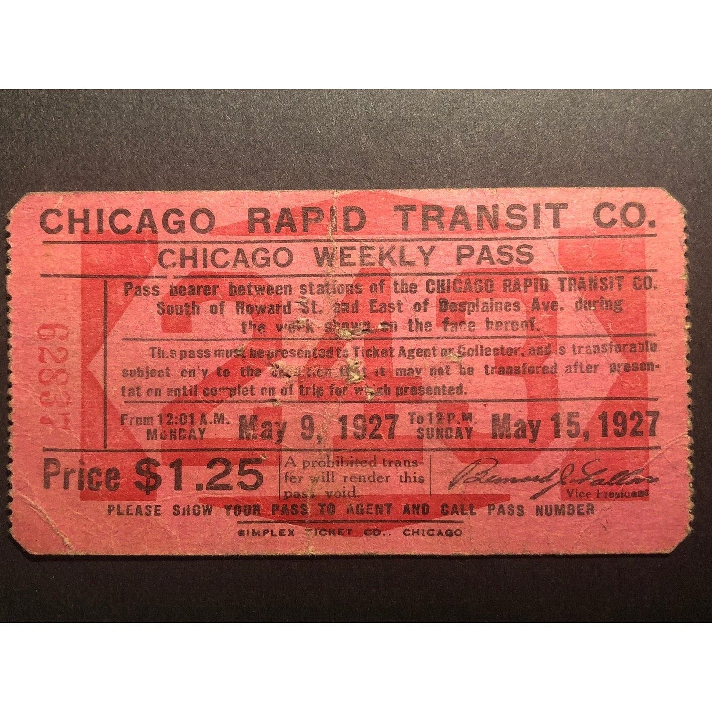 Chicago Rapid Transit Weekly Pass May 1927 "243"