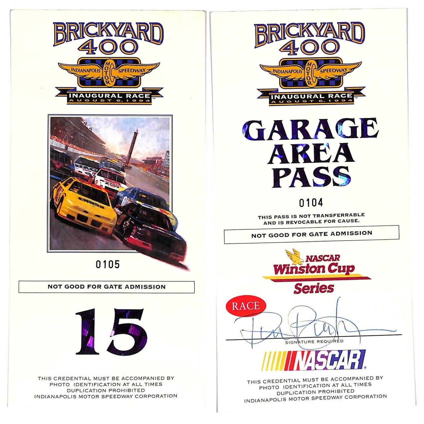 1994 Inaugural Brickyard 400 Garage Passes w/ Lanyard The Ron Burton Estate