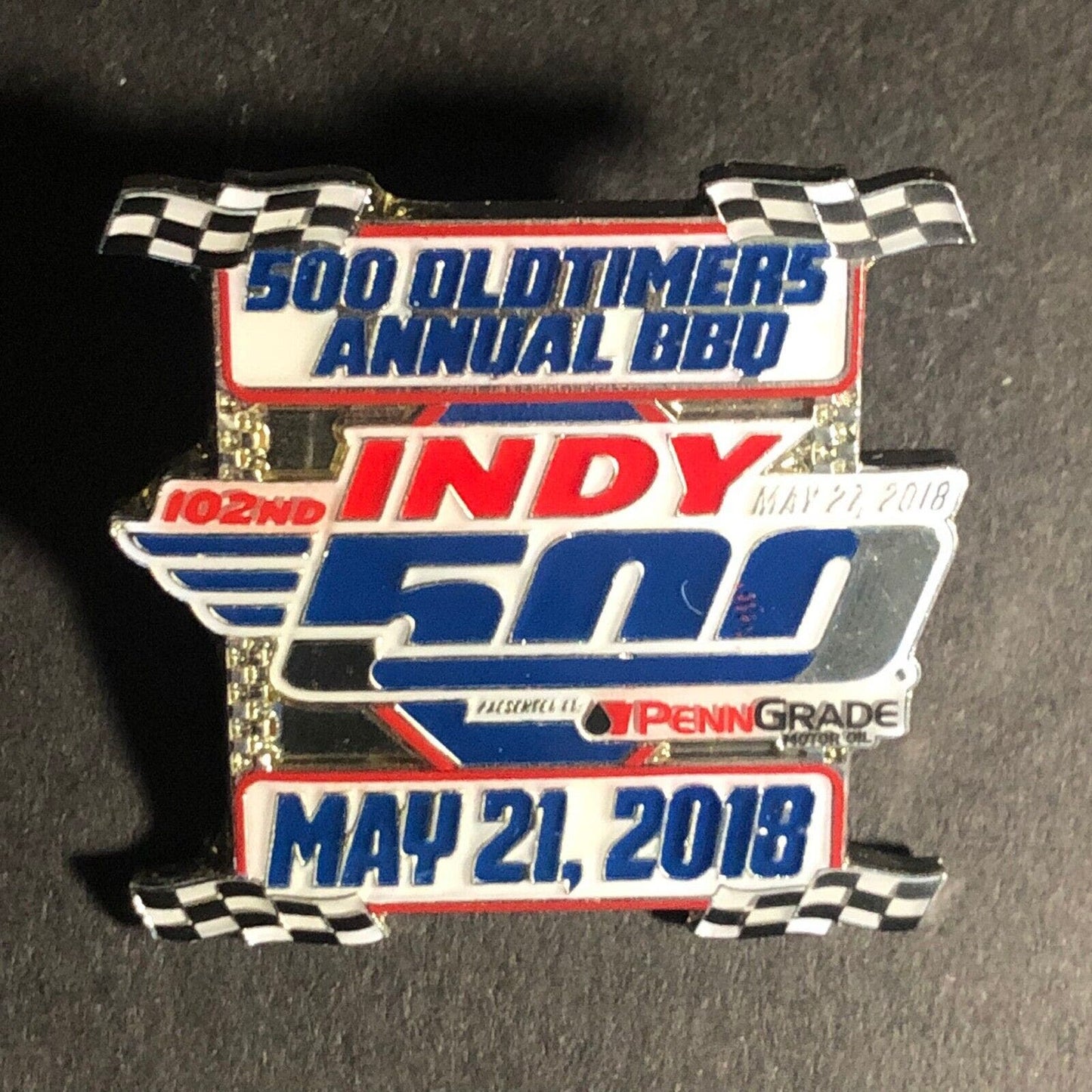 2018 Indy 500 Oldtimers Old Timers Annual BBQ Enameled Lapel Hat Pin NOS Scarce