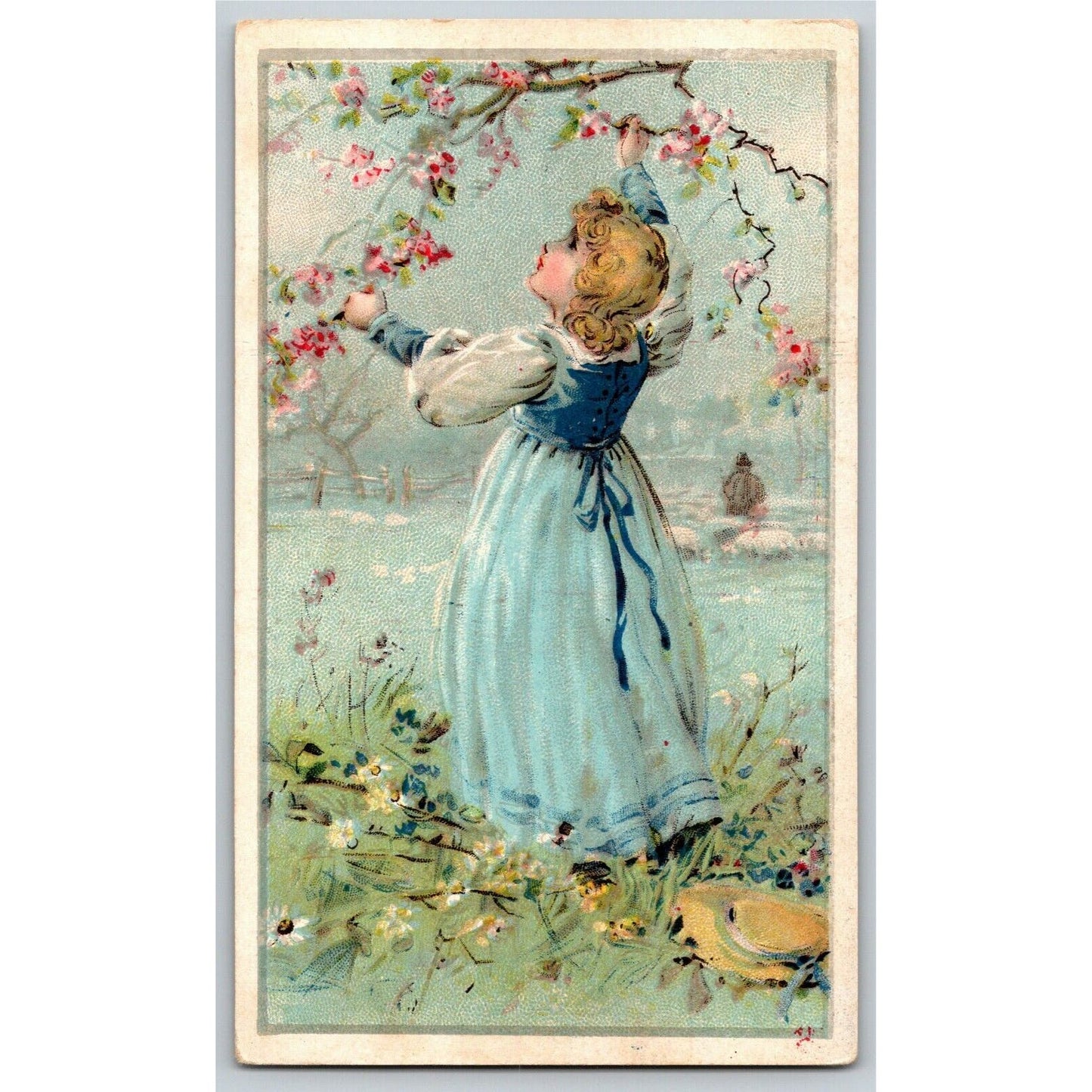 Girl in Dress Under Flowering Tree - Unmarked Blank Victorian Trade Card