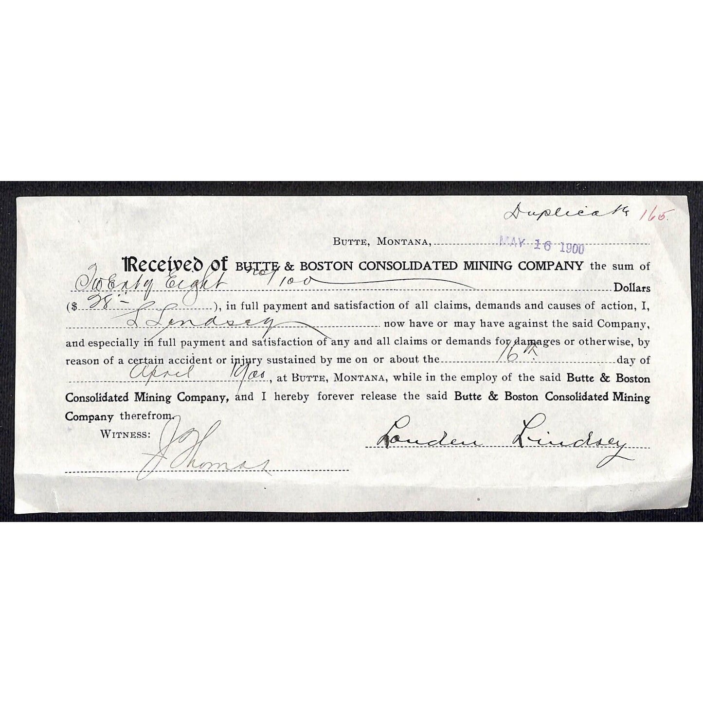 Butte & Boston Consolidated Mining Company 1900 Accident Claim Liability Release