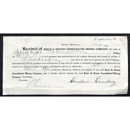 Butte & Boston Consolidated Mining Company 1900 Accident Claim Liability Release