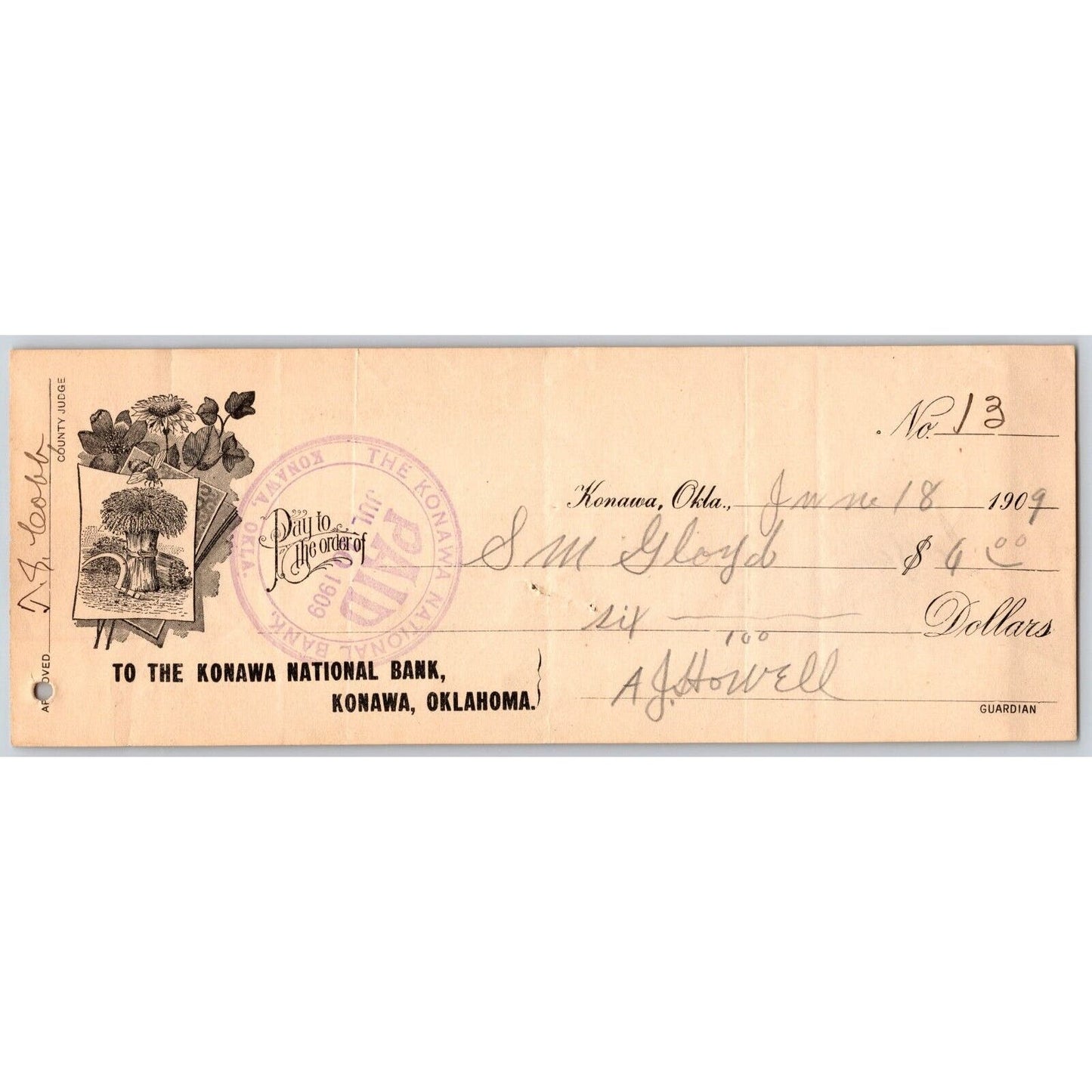 Konawa, Oklahoma 1909 "Konawa National Bank" Check - Scarce