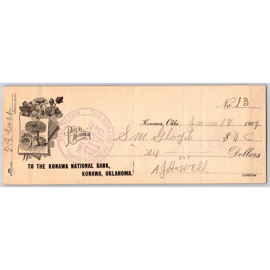 Konawa, Oklahoma 1909 "Konawa National Bank" Check - Scarce