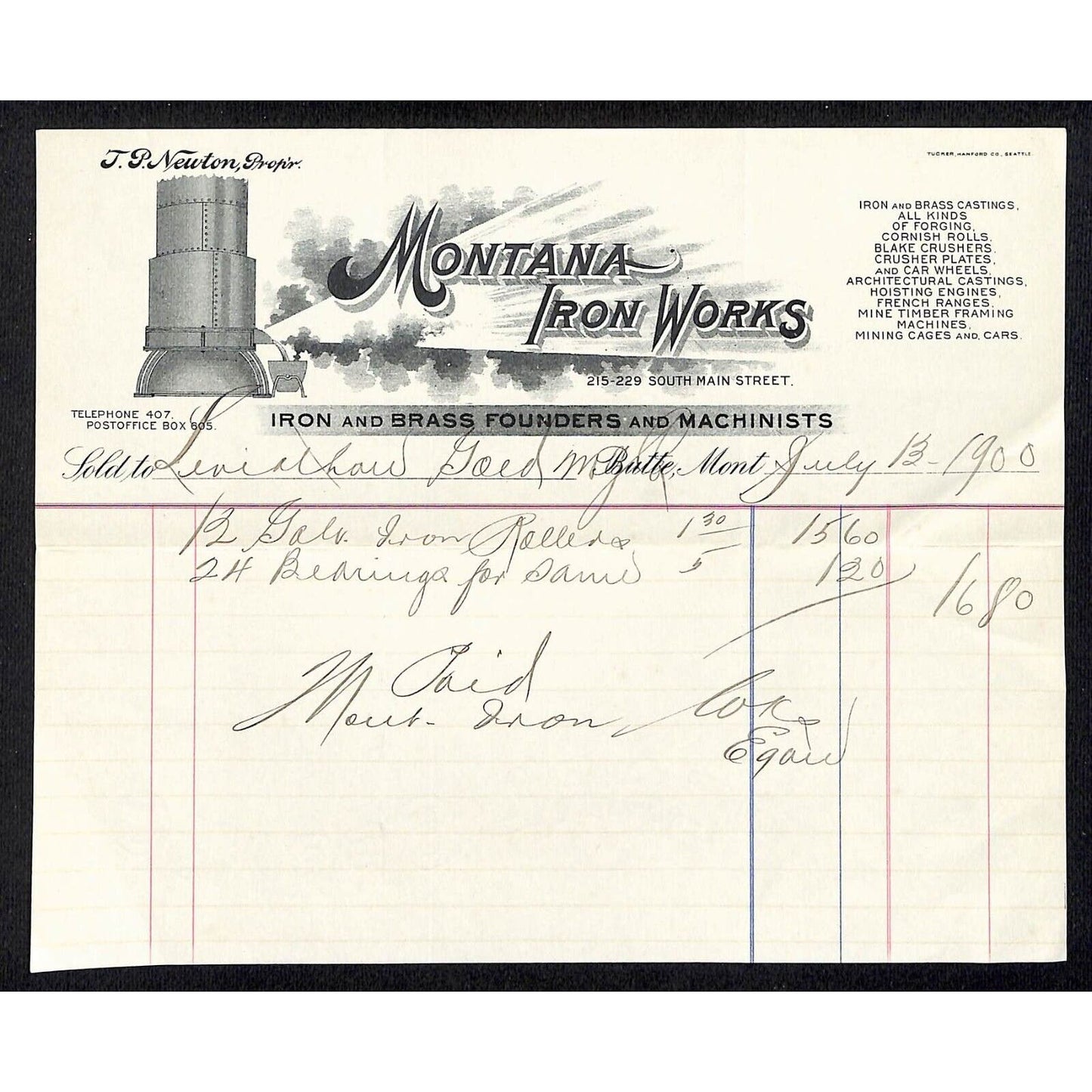 Butte, MT Montana Iron Works Iron Brass Machinists 1900 Billhead Vignette