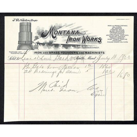 Butte, MT Montana Iron Works Iron Brass Machinists 1900 Billhead Vignette