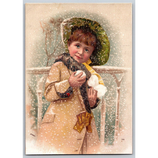 Ivers and Pond Soft Top Pianos Victorian Trade Card - Girl Winter w/ Snow Balls