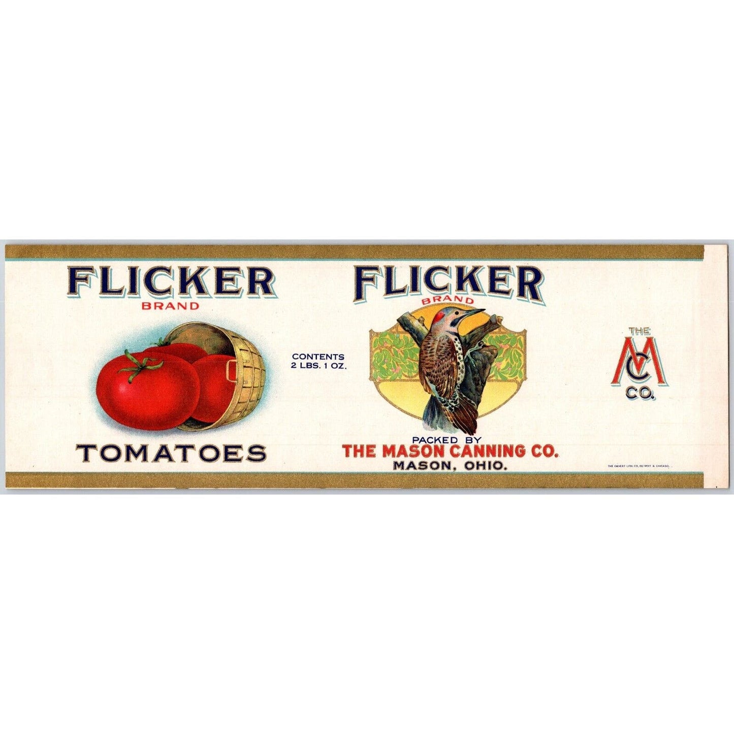 Flicker Tomatoes Paper Can Label Mason Canning Ohio Wood Pecker w/ Gold Ink VGC