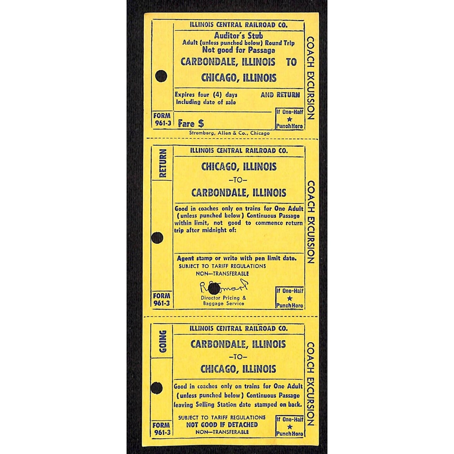 Illinois Central Railroad Unnumbered SAMPLE R/T Ticket Carbondale