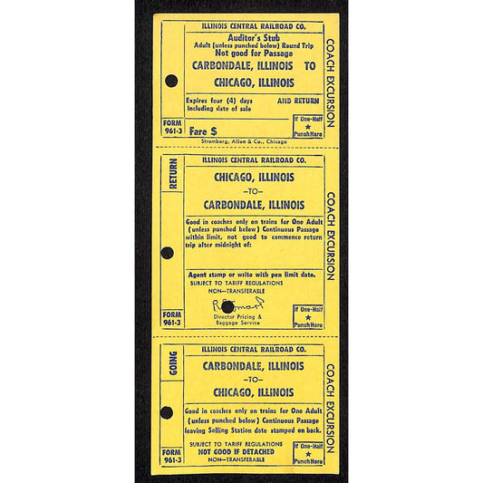Illinois Central Railroad Unnumbered SAMPLE R/T Ticket Carbondale