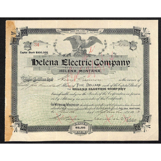 Helena Electric Company Montana 1893 Stock Certificate - 3500 Shares