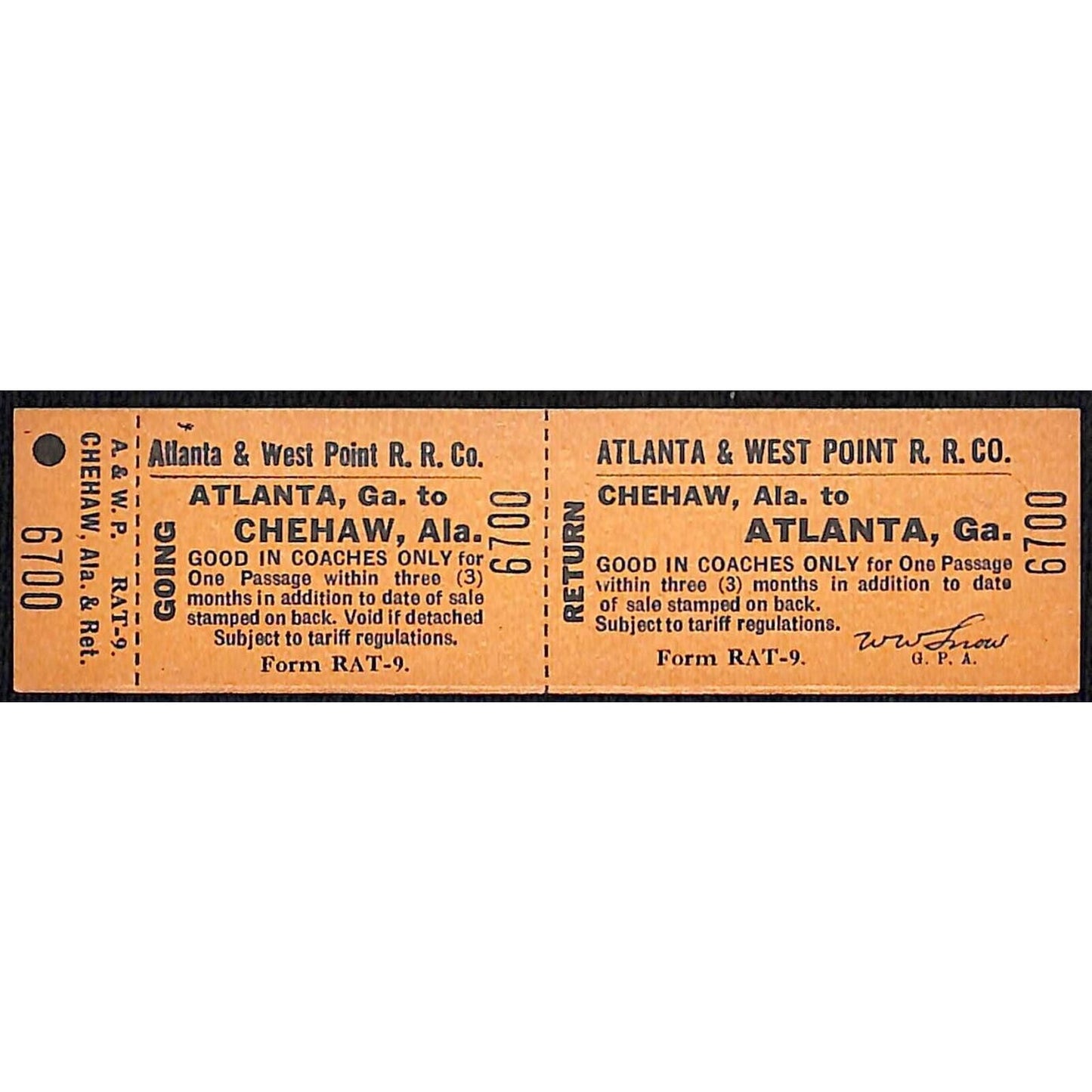 Atlanta & West Point Railroad Unused Ticket w/ Stub Chehaw, ALA #6700 VOID*