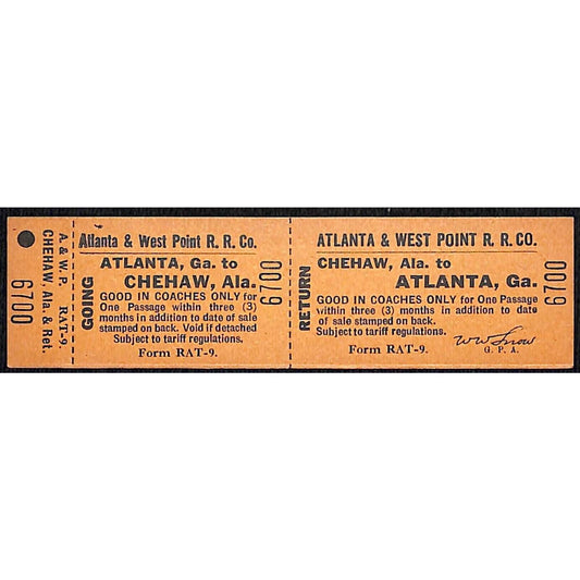 Atlanta & West Point Railroad Unused Ticket w/ Stub Chehaw, ALA #6700 VOID*