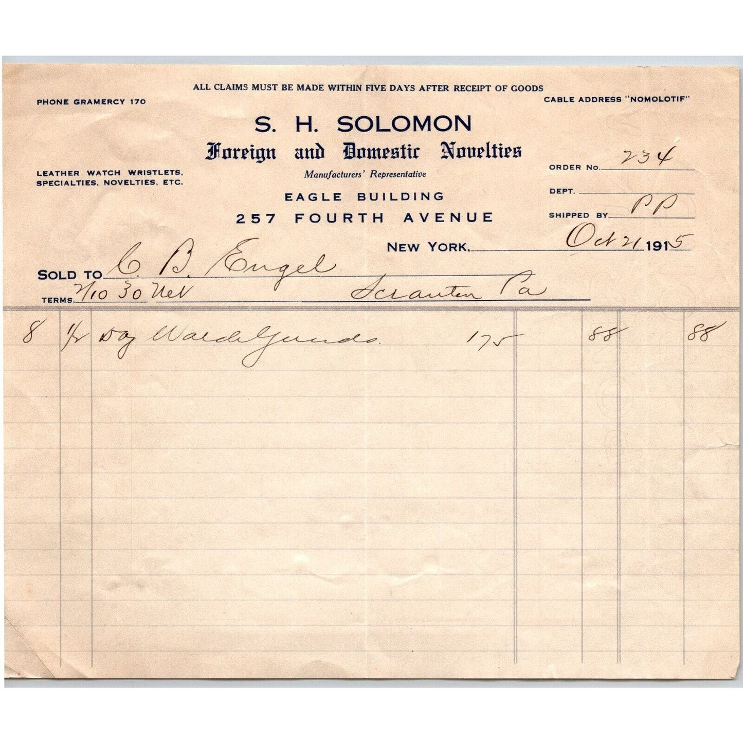 New Yok City S. H. Solomon Foreign and Domestic Novelties 1915 Billhead