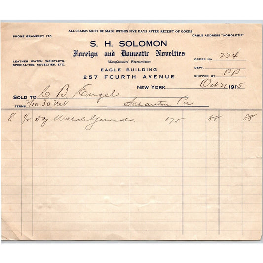 New Yok City S. H. Solomon Foreign and Domestic Novelties 1915 Billhead