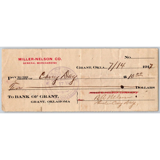 Grant, Oklahoma "Bank of Grant" Miller-Nelson Co. 1917 Check Scarce
