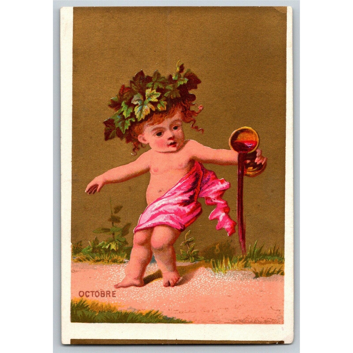 Gilt "Octobre" Child Spilling Drink (Soapine) Unmarked Victorian Trade Card