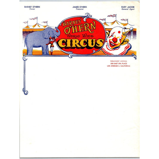 Barney O'Hern World Wide Circus Letterhead Elephant Clown Big Top c1946 Scarce