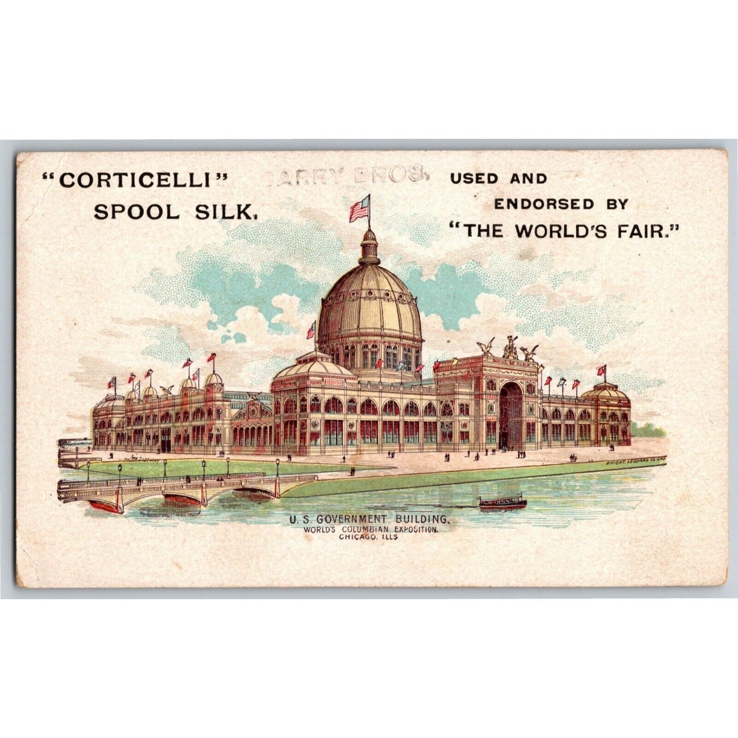 1893 Chicago World's Fair Trade Card Corticelli Spool Silk Barry Bros. Galena IL