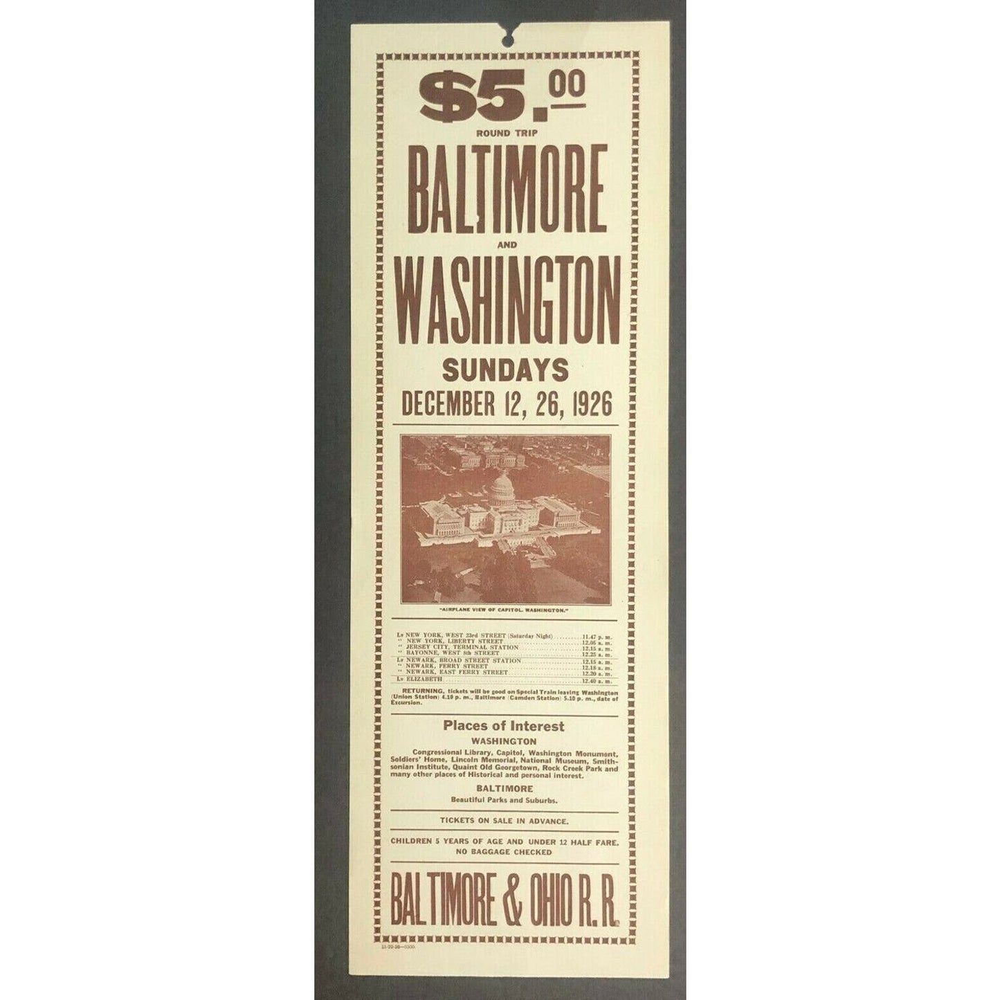 Vintage Sunday Dec. 1926 Baltimore & Ohio Railroad Broadside RT to Wash., DC