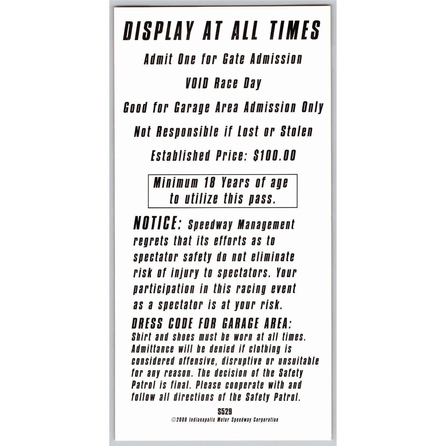 2000 Indy 500 Gasoline Alley Pass Indianapolis IMS VGC #1612