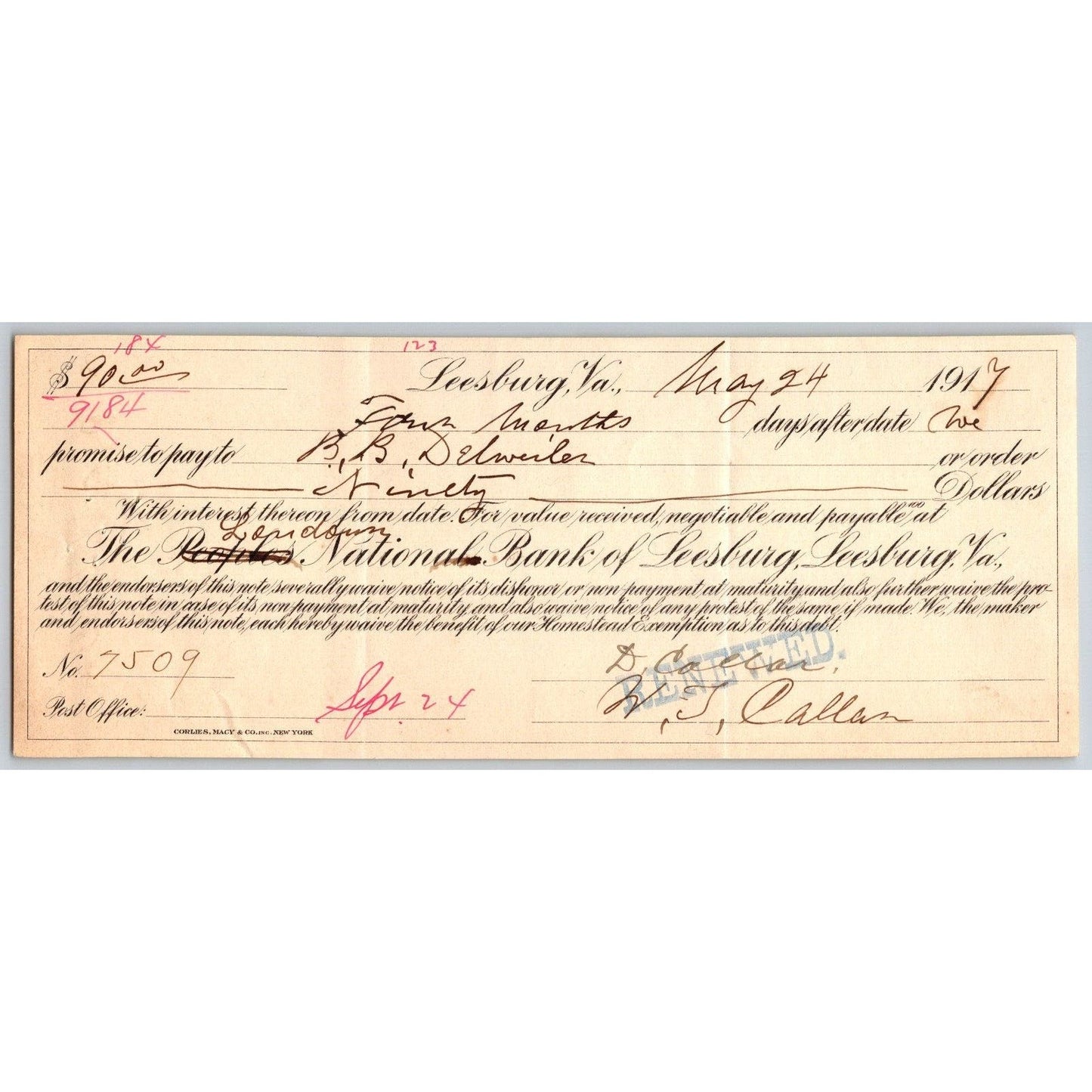 Leesburg, VA 1917 The Peoples National Bank of Leesburg" Promissory Note