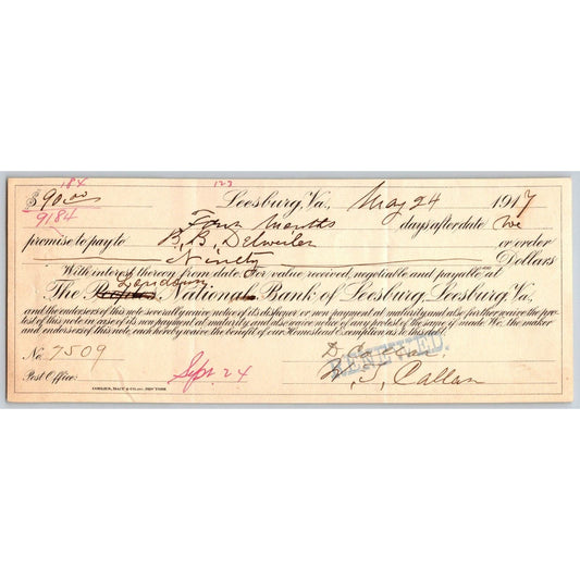 Leesburg, VA 1917 The Peoples National Bank of Leesburg" Promissory Note