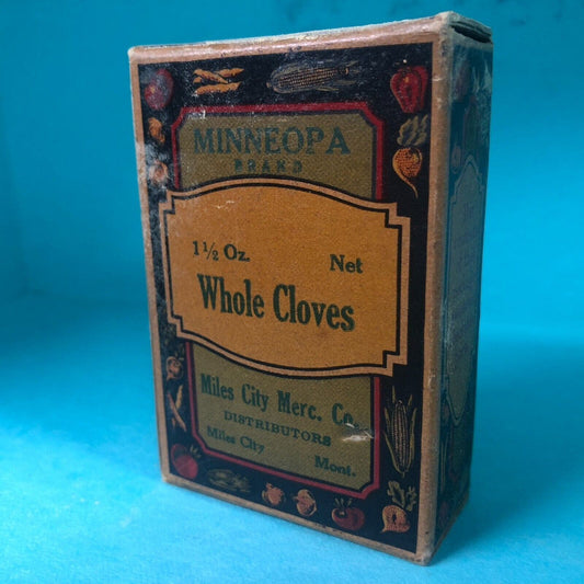 Minneopa Brand Whole Cloves Spice Tin 3 1/4"h Fiber Box c1930's-40's Scarce