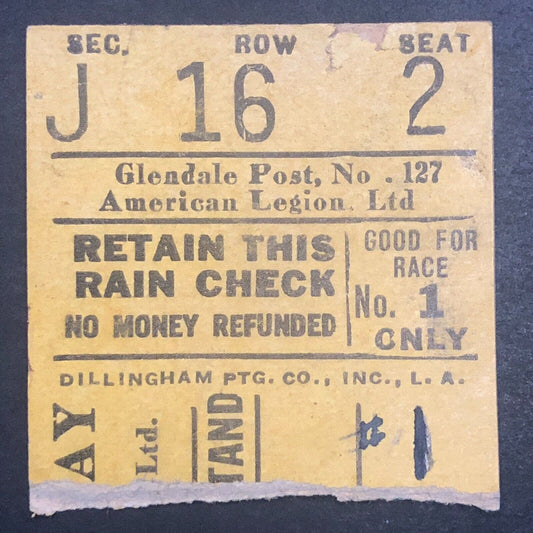 Auto Racing Ticket Stub Glendale Post No. 127 American Legion No Date or Track