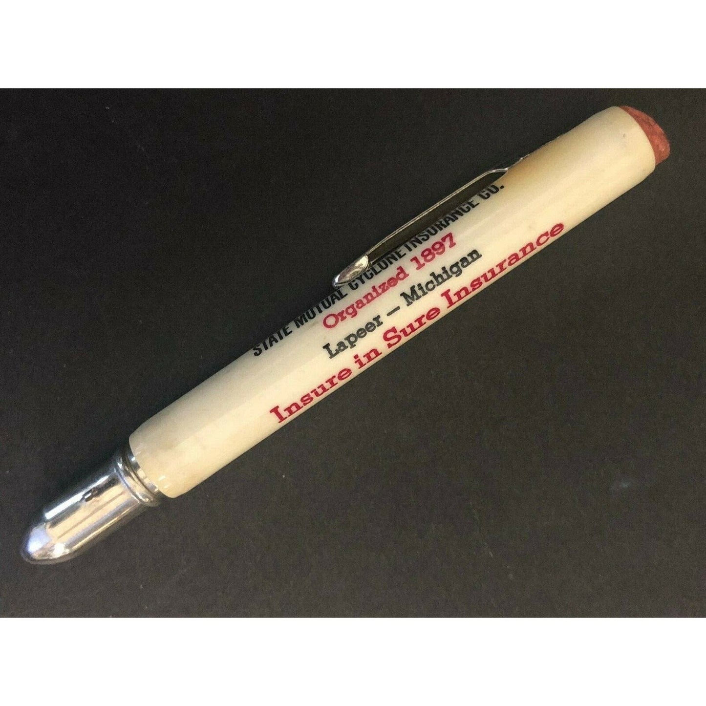 c1950's "State Mutual Cyclone Insurance Lapeer, MI" Advertising Bullet Pencil
